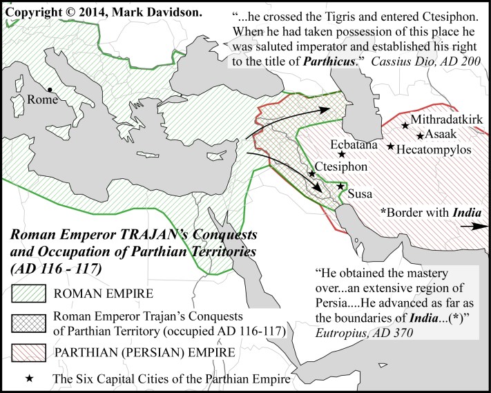 Map shows the true extent of Rome's conquests of Persian/Parthian territory, with Eutropius' exaggeration.