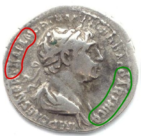 TRAIAN encircled by red, PARTHICO encircled by green.