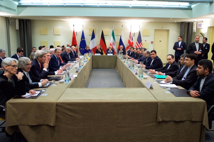 The nuclear negotiations with Iran in Lausanne on March 30, 2015.  Ms. Mogherini is to the left of the Iranian representative at the head of the table.  (U.S. Dept. of State photo)