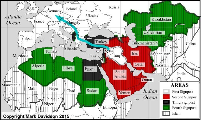 The increasing areas of earth affected by the progressing Signposts.  Note the blue area is the path followed by many refugees right now.