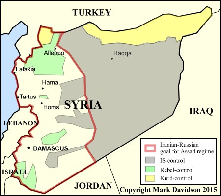 The partitioning of Syria in September 2015.  Note the dominance of IS and the precarious position of the Assad regime.