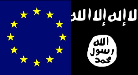 The European Flag on the left, the flag of IS on the right.