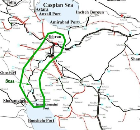 A railroad map with the Trans-Iranian railroad from Tehran to the Persian Gulf shown, with Susa's location.