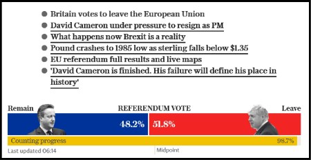 From a UK Telegraph website screen grab: Brexit vote wins.