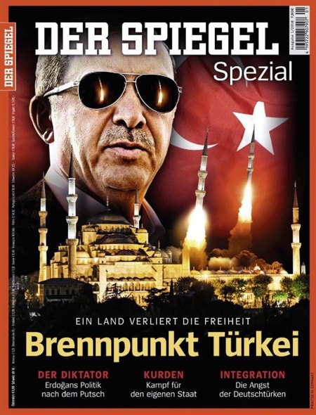 Der Spiegel's cover of the recent issue describing Erdoğan as a dictator and Turkey as losing its freedom.