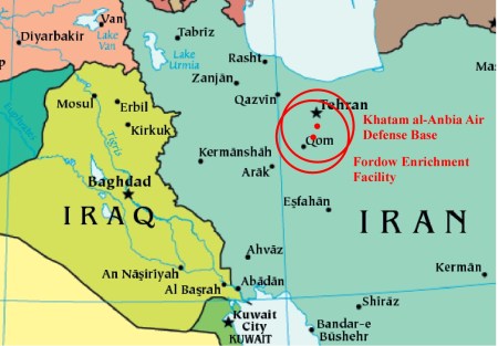 The IRGC Air Base and Fordow the fuel enrichment facility are shown as red dots.  The circles are the basic 60-mile range.  The range can double if the Iranians have purchased the enhanced version which is unknown at this time.