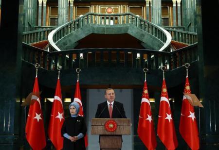 Erdoğan speaking last year from his Presidential Palace in Ankara.