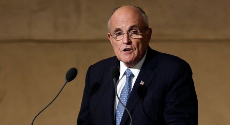 Former New York Mayor Rudolph Giuliani speaks during the dedication ceremony in Foundation Hall, of the National September 11 Memorial Museum, in New York, Thursday, May 15, 2014. (AP Photo/Richard Drew/POOL)