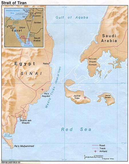 The two islands in question. The Egyptian mainland is toward the west, and Arabia is to the east. The inset shows that this involves Israel's access to the Red Sea.